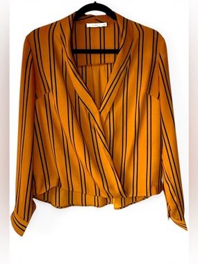Lush Mustard Yellow Black Striped Wrap Blouse Shawl Collar Small S